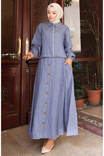 sefamerve Double Suit with Elastic Sleeves and Zippered Denim Skirt 0135-02 Navy Blue