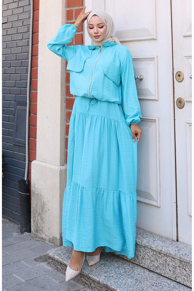 sefamerve Double Suit with Elastic Sleeves and Zipper 0129-18 Turquoise