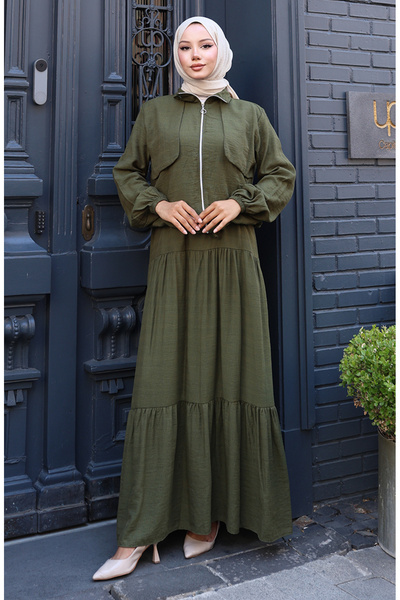 sefamerve Double Suit with Elastic Sleeves and Zipper 0129-17 Khaki