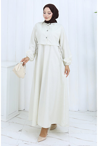 sefamerve Linen Vest Dress Two Piece Set 2141-04 Beige