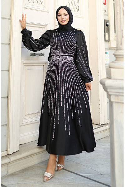 sefamerve Βραδινό φόρεμα από σατέν με πέτρες 5802-04 Μαύρο