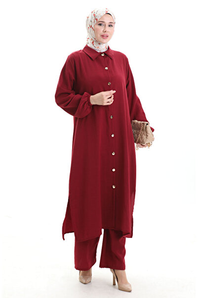 sefamerve Μακρύ παντελόνι με κουμπιά Σετ δύο τεμαχίων 0089-06 Βουργουνδία