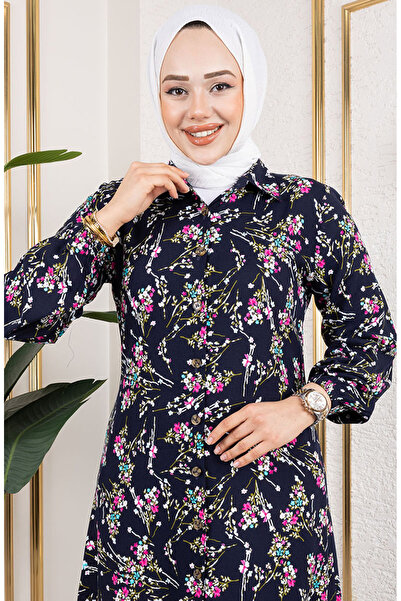 sefamerve Asel Çiçekli Viskon Tunik 0174-03 Lacivert