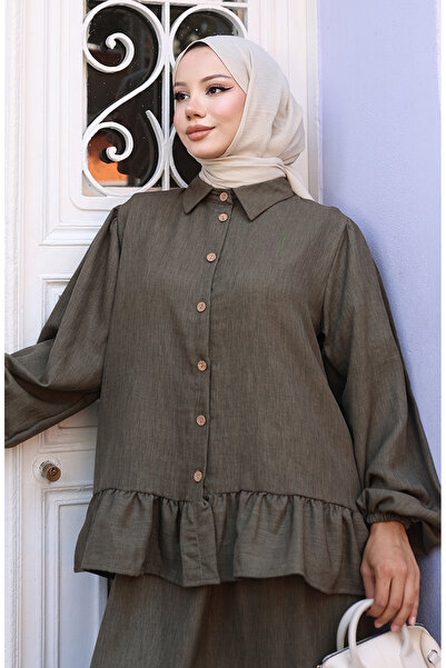 sefamerve Ruffled Tunic Skirt Two-Piece Set 0146-01 Dark Khaki