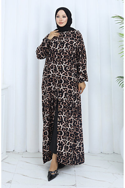 sefamerve Boydan Düğmeli Leopar Desenli Elbise 0137-01 Kahverengi Siyah