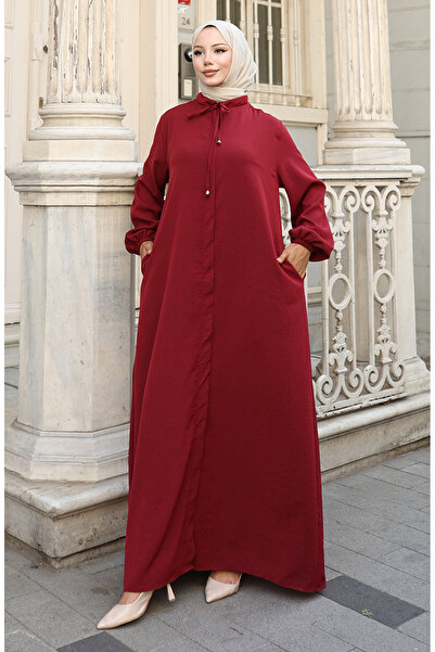 sefamerve Kolu Lastikli Fermuarlı Ferace 0140-01 Bordo