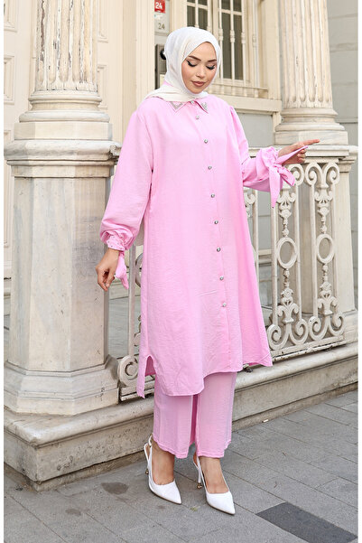 sefamerve Aerobin Fabric Buttoned Tunic Trousers Double Set 2147-03 Pink