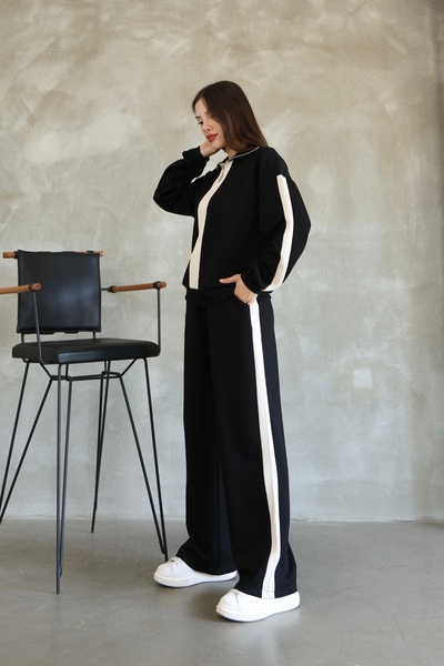 02Lady Fashion Garnili Stripe Detailed Zippered Modal Fabric Tracksuit Set