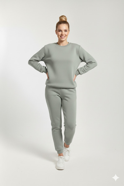 OXVİN Kadın Sıfır Yaka Içi Pamuklu Üç Iplik Şardonlu Oversize Eşofman Takımı