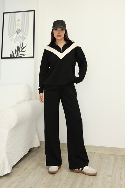 02Lady Fashion Half-Zipper Garnished Stripe Detailed Modal Fabric Tracksuit Set