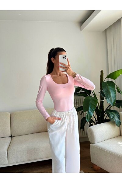 Zoom Butik Marka Kare Yaka Bodysuit - PEMBE