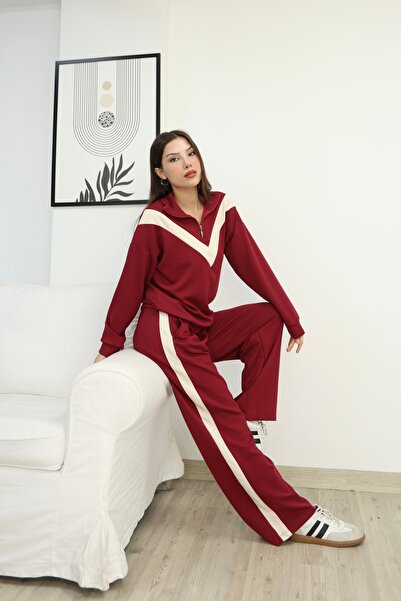 02Lady Fashion Half-Zipper Garnished Stripe Detailed Modal Fabric Tracksuit Set