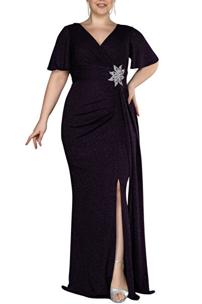 Arden Plus Size Long Evening Dress, Glitter Stone Detail, V-Neck Short Sleeve, Draped Dress, Wedding Mother Evening Dress, 44-58