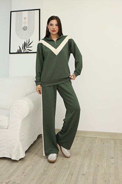 02Lady Fashion Half-Zipper Garnished Stripe Detailed Modal Fabric Tracksuit Set