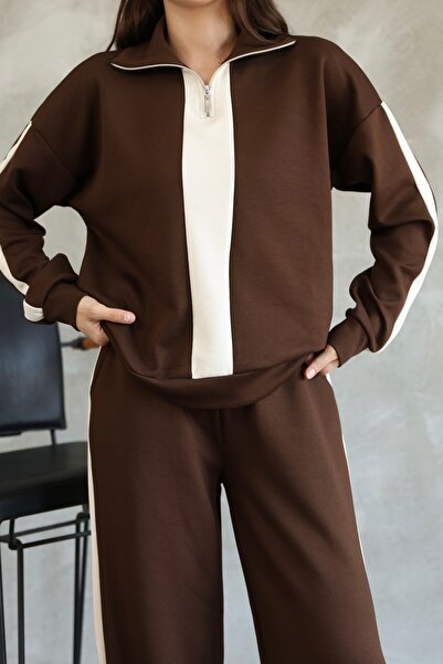 sportiness Garnili Stripe Detailed Zippered Modal Fabric Tracksuit Set