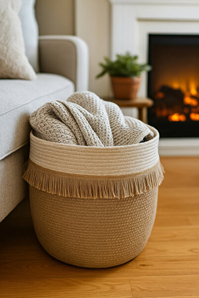 Bohemahomedecor Καλάθι από ψάθινη γιούτα, διακοσμητικό καλάθι, καλάθι κουβέρτας, οργανωτής καλαθιών