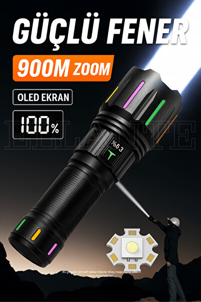 ellante 900M Zoom Güçlü Şarjlı LED El Feneri – OLED Ekranlı, 5 Modlu, 12.000 ...
