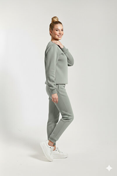 OXVİN Kadın Sıfır Yaka Içi Pamuklu Üç Iplik Şardonlu Oversize Eşofman Takımı