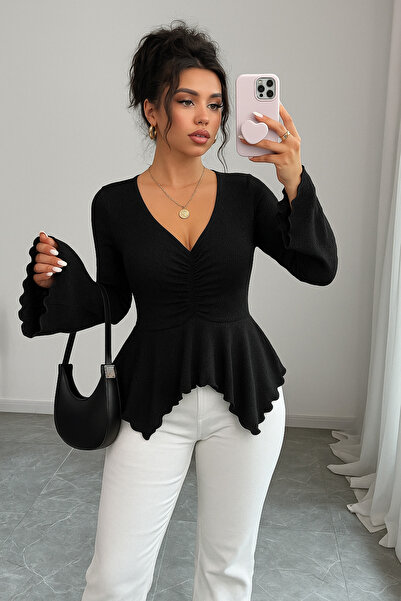 meren like your style Black Spanish Long-Sleeved Skirt Shirred Top Blouse
