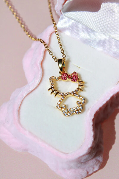 Harlofia Jewelry Çelik Gold Pembe Kurdeleli Hello Kitty Kolye