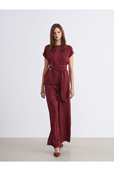 LC Waikiki Burgundy Wide Leg Women's Trousers with Elastic Waist