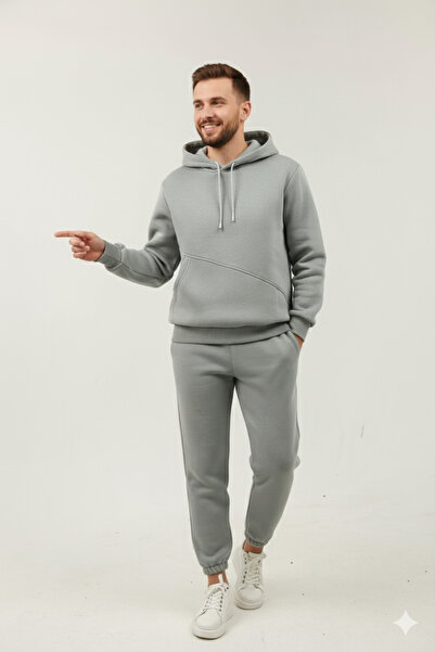 OXVİN Σετ αθλητικής φόρμας με κουκούλα με τρεις ραφές, με επένδυση από βαμβάκι, μαλακό και υπερμεγέθη