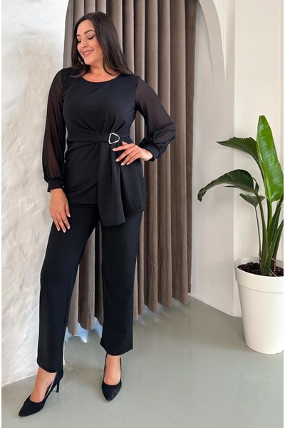 Butik Nilyam Women's Plus Size Chiffon Sleeve Crew Neck Brooch Evening Dress Suit 24916