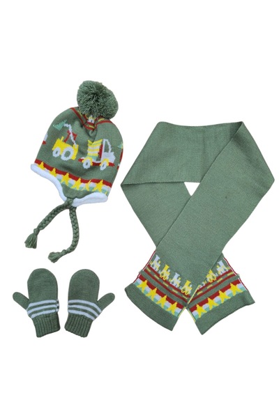 Butik Yeşil Erkek Çocuk 1-4 Yaş İçi Yünlü Bere, Eldiven ve Atkı Seti – Kışlık...