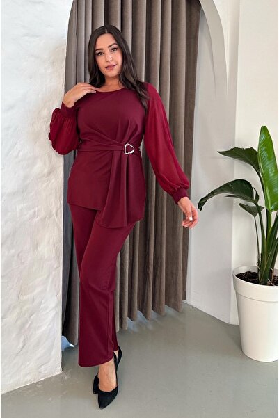 Butik Nilyam Women's Plus Size Chiffon Sleeve Crew Neck Brooch Suit Evening Dress 24915