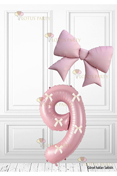LOTUS PARTY Λευκό χρώμα Φιόγκος Ροζ Χρώμα Μπαλόνι με Αριθμούς Ροζ Χρώμα Φιόγκος Μπαλόνι από αλουμινόχαρτο Ροζ Φιόγκος Σετ 9 ετών