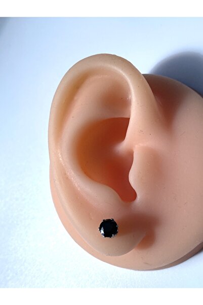kurukafagift Çivi Model Solitaire Black Stone Steel Earring 5 mm Single Piece