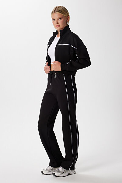 Ritnice Women's Lexi Black Tracksuit Set with Fleece Lining and Stripes Inside