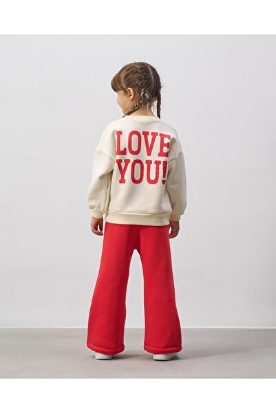 Magu Κοριτσίστικο βαμβακερό φούτερ εκρού με καρδιά κόκκινο καμπάνα Σετ αθλητικό κοστούμι