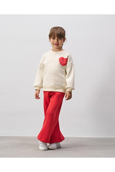 Magu Κοριτσίστικο βαμβακερό φούτερ εκρού με καρδιά κόκκινο καμπάνα Σετ αθλητικό κοστούμι