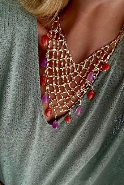 Trendy Butik Gold Renkli Boncuklu Örgü Kolye