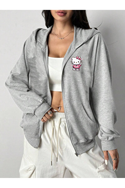 COHERENT Unisex Cardigan Hello Kity Special Printed Winter Oversize Hooded Zippered Cardigan with Pocket Detail
