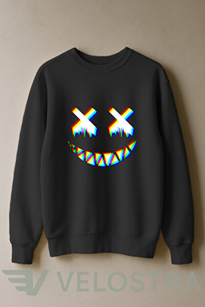 Velostra Hanorac unisex Cracked Happiness cu imprimeu 3 İplik İçinde Şah cu căptușeală din fleece i guler rotund