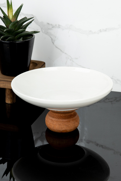 Dolkin Home Wooden Leg Porcelain Presentation Plate Cake Presentation Plate Cake Stand Cheese Plate Fruit Plate