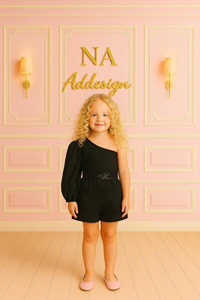 NA ADDESIGN Black One Shoulder Sequin Detailed Children's Jumpsuit, Girls' Black Jumpsuit