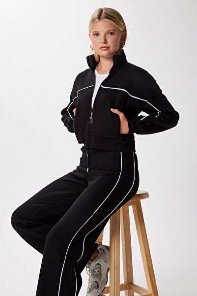 Ritnice Women's Lexi Black Tracksuit Set with Fleece Lining and Stripes Inside