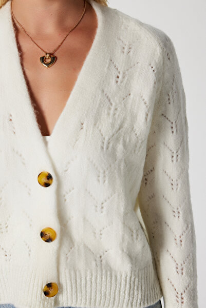 Ritnice Women's Estelle Openwork/Perforated Ecru Knit Cardigan