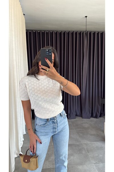 CADDELAMODA Women's Crew Neck Short Sleeve Openwork Mercerized Sweater