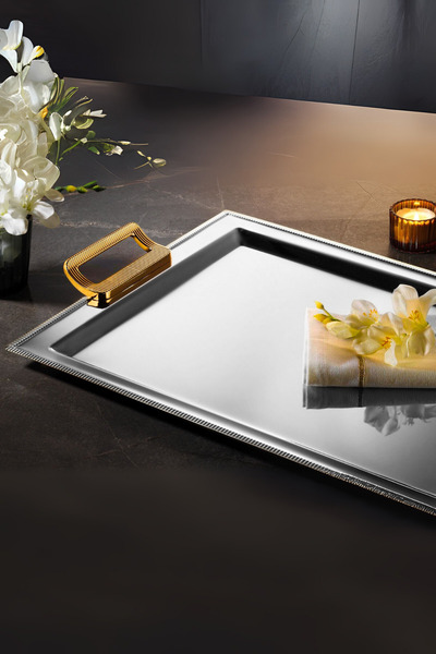 ÖzSa Home Mios 18/10 Stainless Steel Presentation Tray with Handles Promise Engagement Service Tea Tray