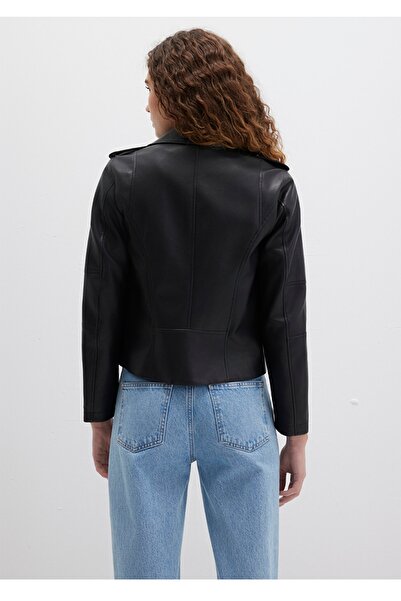 Mavi biker yaka fitted (vücuda oturan kesim) suni deri ceket