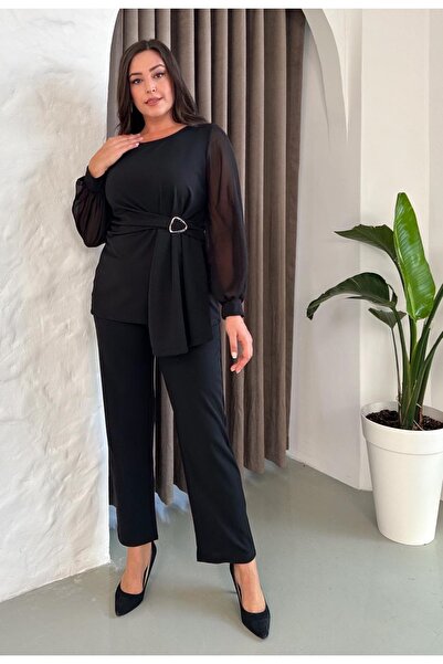 Butik Nilyam Γυναικείο Σετ Παντελόνι με Μπλούζα με Μανίκια από Σιφόν και Καρφίτσα 24917