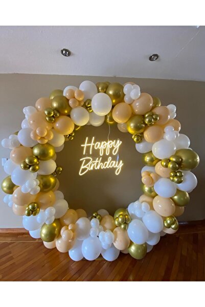 Ezgi Party Store 100 Balloons Chain Birthday Concept Salmon White Chrome Gold Balloons Party Set