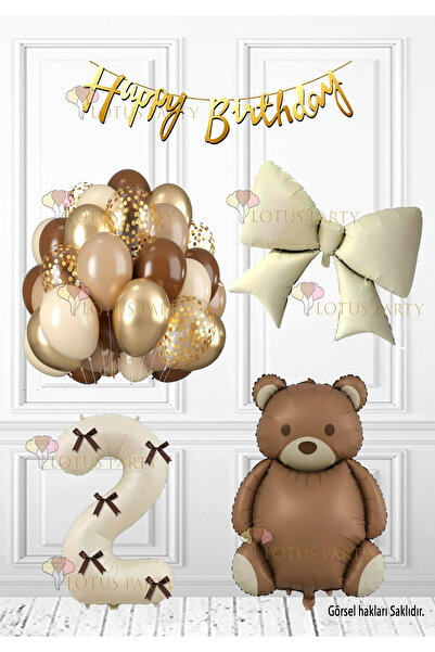 LOTUS PARTY مجموعة أرقام كريمية بتصميم فيونكة وشريط دب بني، مع لافتة ذهبية بت...