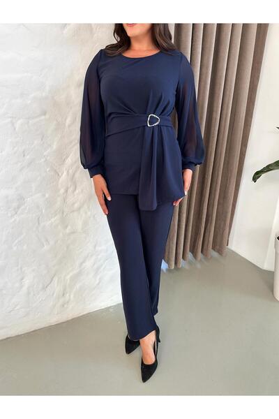 Butik Nilyam Set de pantaloni și bluză din șifon pentru femei de mărime mare cu guler rotund broșe 24917