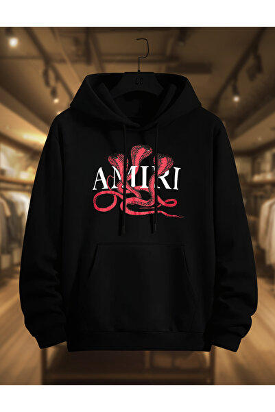 SELF CONTROL Hanorac gros cu glugă de iarnă | Cu imprimeu cu șarpe roșu