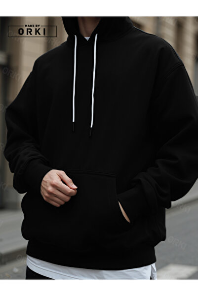 EFFRENATU Μαύρο φούτερ με κουκούλα oversized με κουκούλα